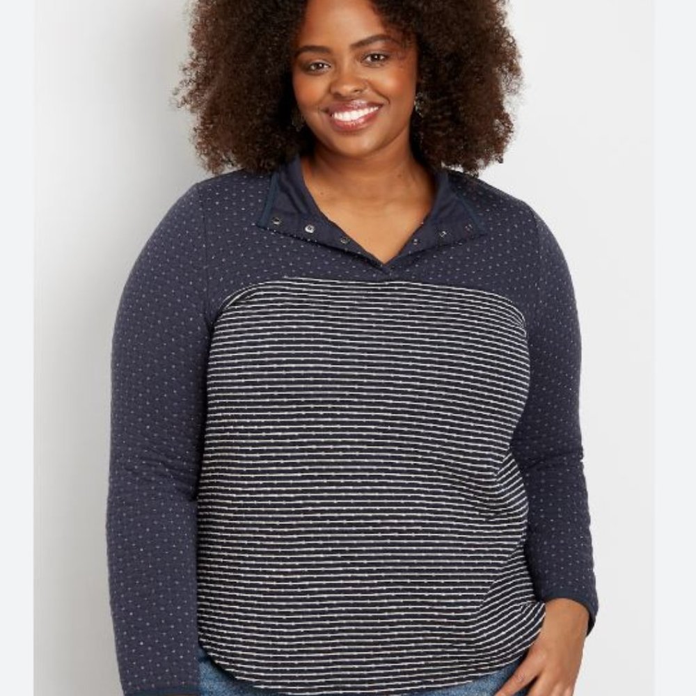 Plus Size Stripe Blocked Quilted Snap Neck Pullover